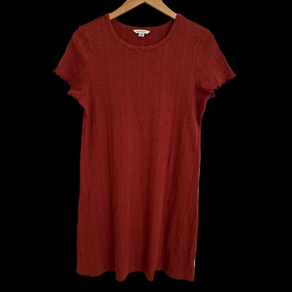 American Eagle size Large Rust Orange Ribbed Short Sleeve Knit Dress‎ Stretchy L